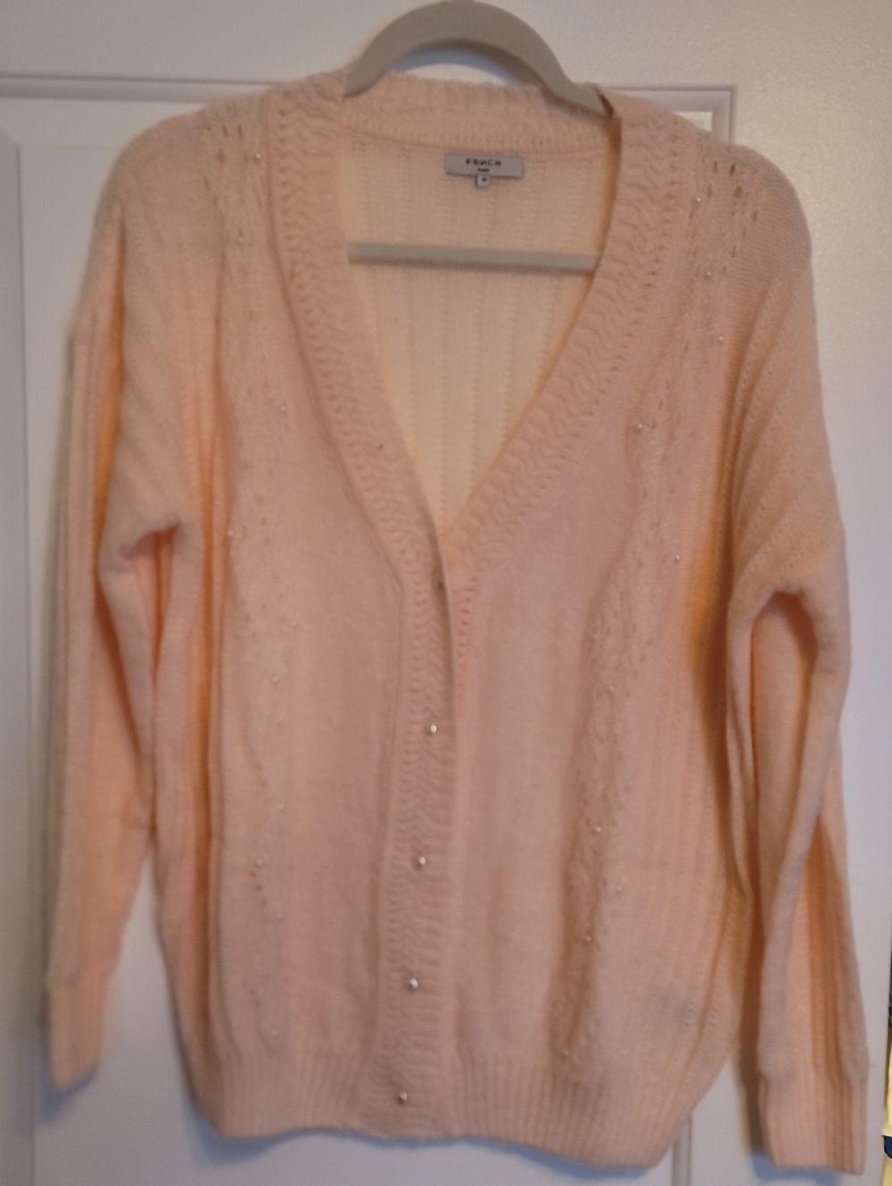 Frnch Light Pink Beaded V-Neck Women's Cardigan Sweater
